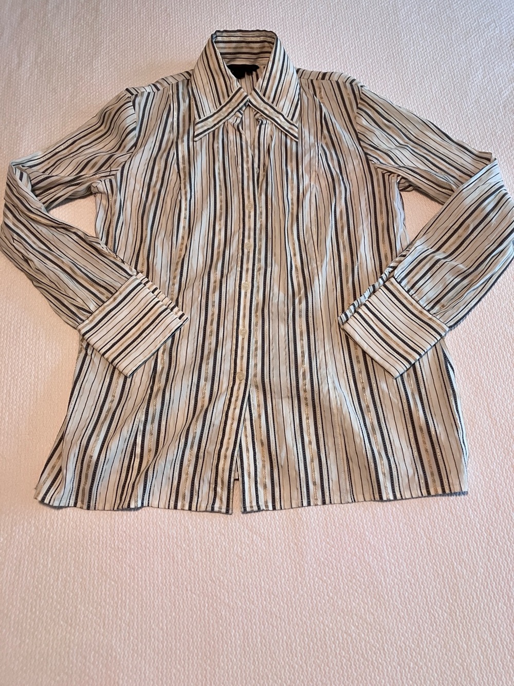 VTG EUC Simon Chang Striped Button-Front Top in White, Black & Gold